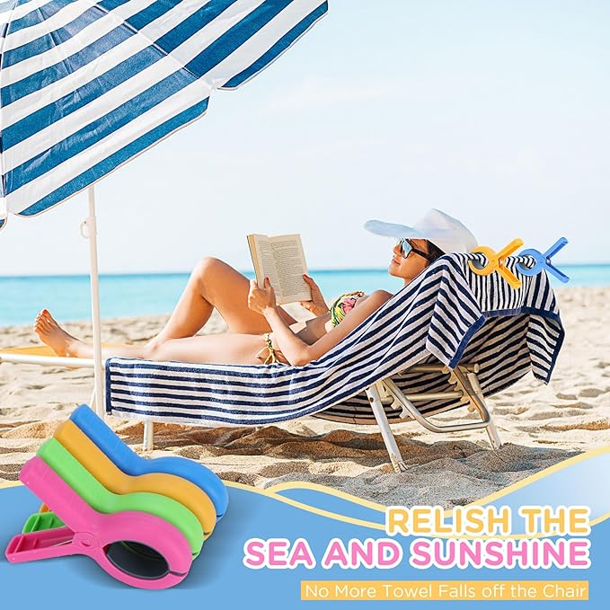 12Pcs Beach Towel Clips for Beach Chairs, 3.7 Inch Chair Clip for Cruise Pool, Clothes Pins Heavy Duty 4 Colors