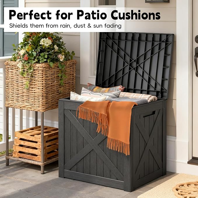 Outdoor Storage Box, Deck Box Waterproof 35 Gallon, Resin Outside Storage, Storage Bin for Package Delivery, Patio Furniture Cushion, Pool Accessories, Weatherproof and UV Resistant, Black, Barn Style