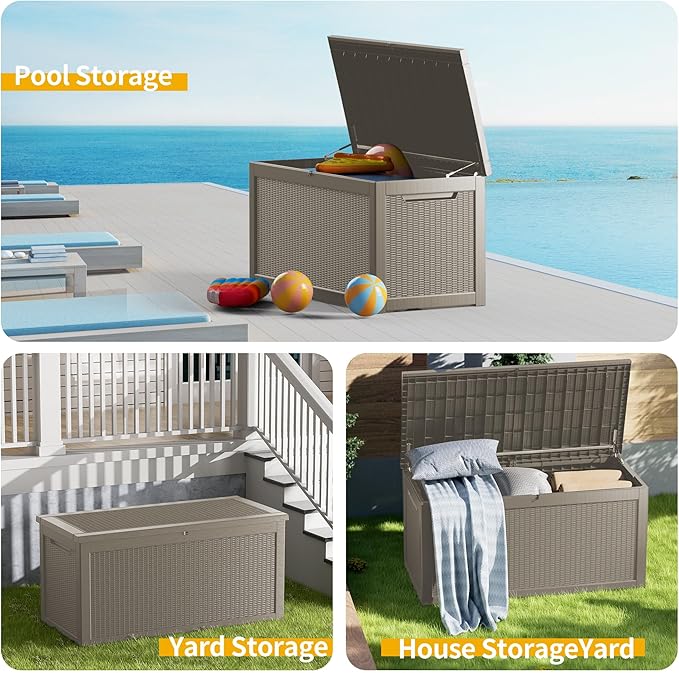 Outdoor Storage Box Waterproof, 320 Gallon Lockable Resin Deck Box Large, Patio Storage Bin for Pool Accessories Cushion Furniture, Garden Tools, UV-Resistant Outside Delivery Grey