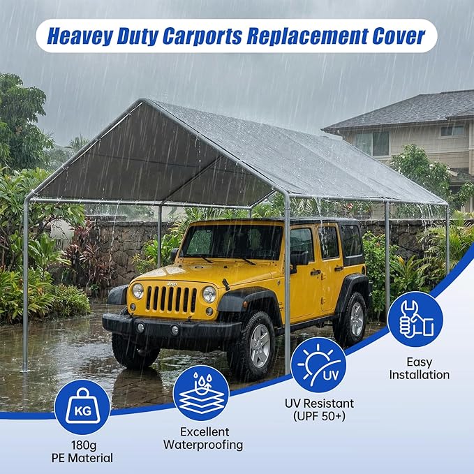 10x20Ft Carport Replacement Canopy Cover, Heavy Duty Waterproof Garage Top Shelter Cover Car Canopy with Ball Bungees (Gray, 10 * 20ft)