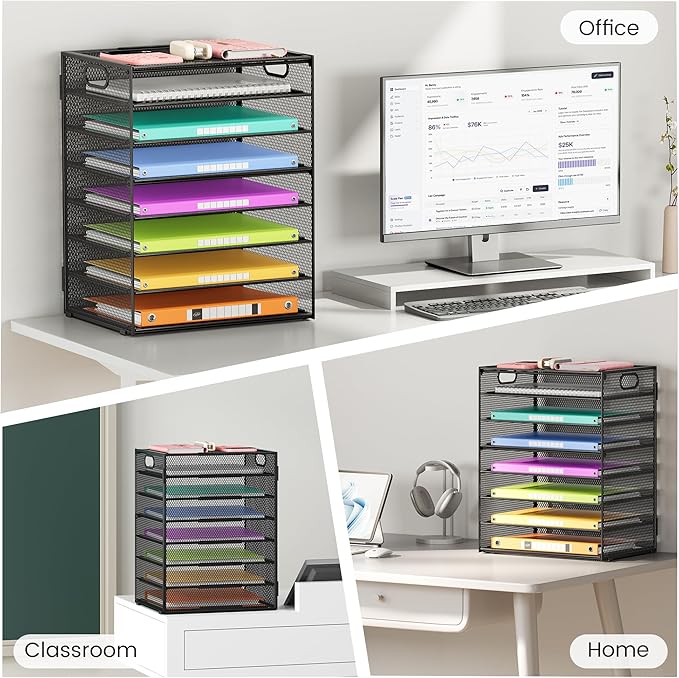 Lavatino 8 Tier Paper Organizer for Desk, Black Mesh Letter Tray File Sorter Organizers with Handles, Including 5 Adjustable Slid Trays for Office School Classroom Supplies Organization and Storage