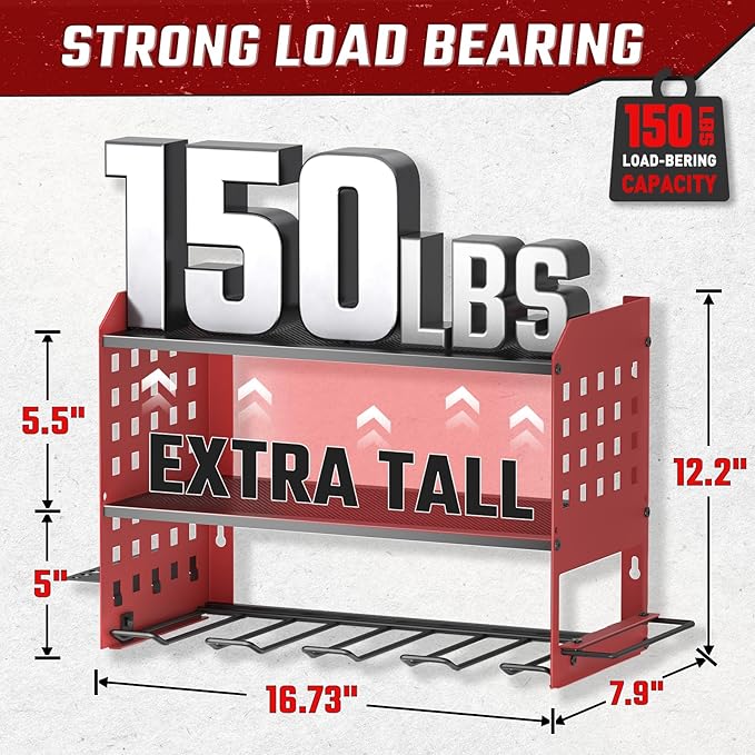 Power Tool Organizer, Heavy Duty Wall Mount Tool Organizer 3 Layers with 4 Drill Holders, Garage Tools Storage Rack with 2 Side Pegboards and Hooks for Workshop, Shed, Red