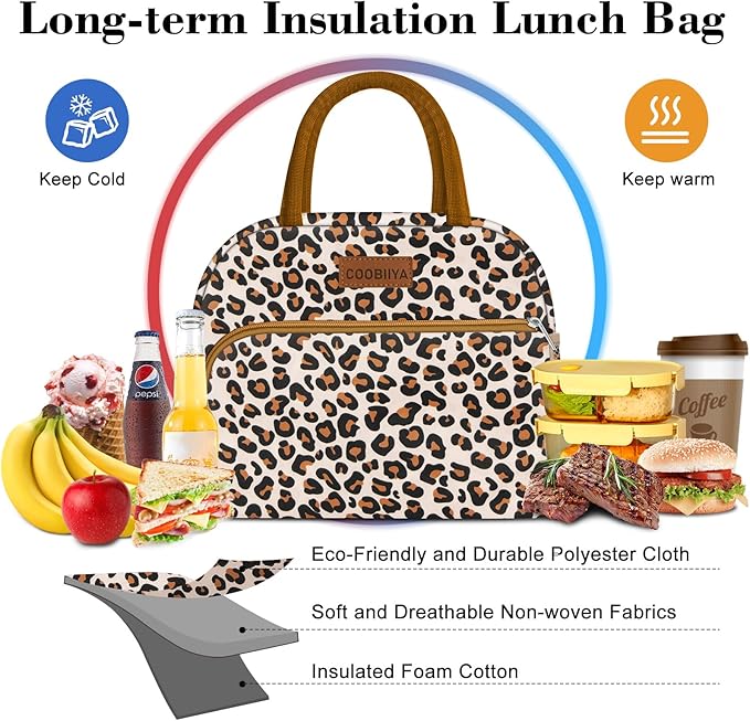 Coobiiya Lunch Box Lunch Bag for Women Adults Men, Reusable Cute Lunch bag - Leakproof, Insulated Lunch Box Tote with Large Capacity, Cooler Container for Work/Travel/Office (leopard)