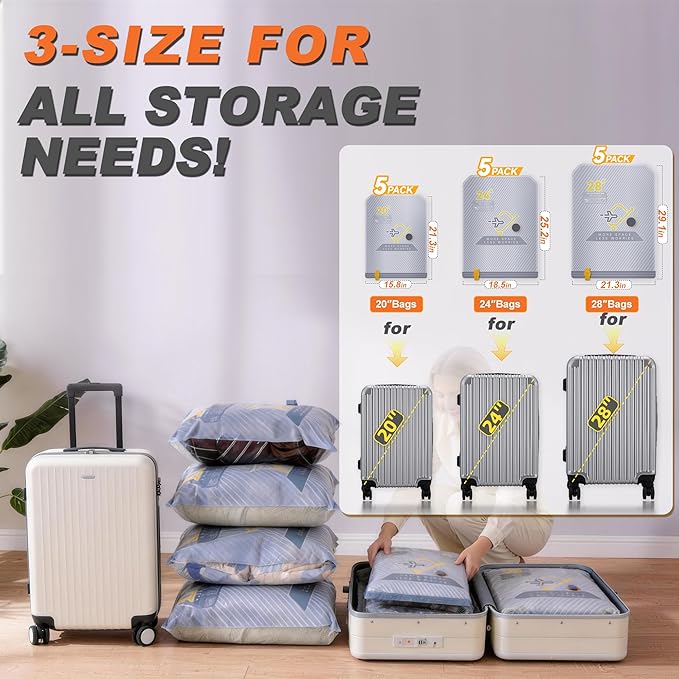 15-Pack Vacuum Bags for Travel with Wireless Rechargeable Pump, Carry-on Size Compression Packing Bags for Luggage & Suitcase, Space Saver for Clothes & Clothing, 15 Combo Travel Size, Fast 3S Vacuum
