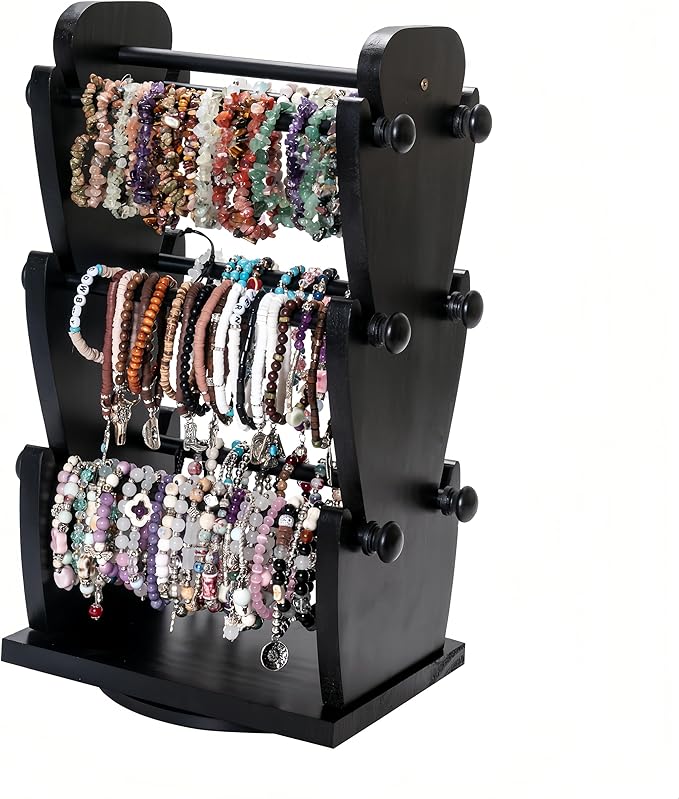 Two-Sided Rotating Wooden Jewelry Bracelet Holder Display Stand with 6 Removable Holders - 3 Tier Bar Bangle Organizer Perfect for Organizing and Showcasing Bracelets, Watches, and Accessories-Black
