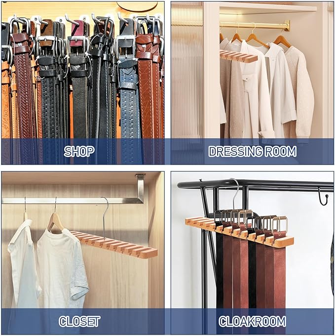 Sewroro Wooden Belt Organizer Rack 12 Slots Belt Hanger Closet Accessory Organizer Space-Saving Display Holder Storage