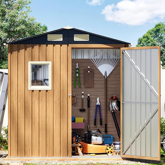 6X4FT Garden Storage Shed with Lockable Door,Steel Tool Shed with 1 Clear Window, Anti-Corrosion Metal Shed for Backyard Patio Lawn (Light Wood Grain)