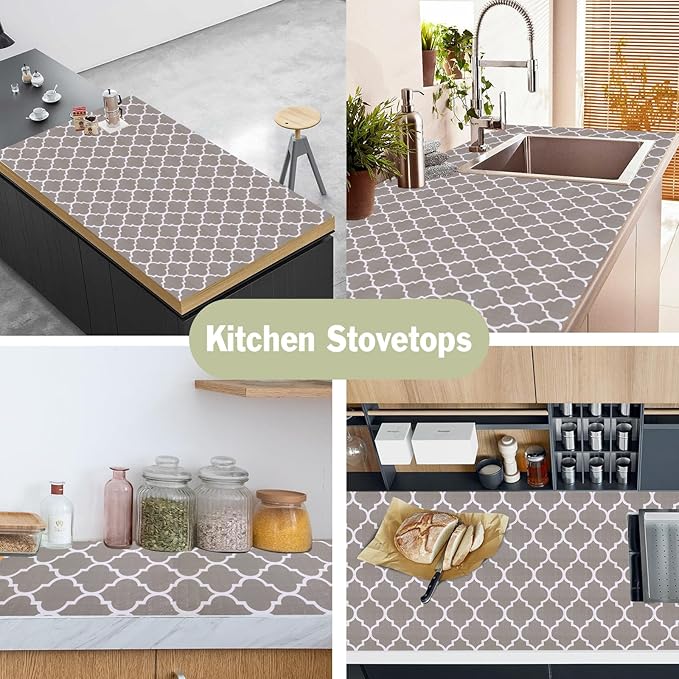 Drawer and Shelf Liner for Kitchen Cabinet: 17 in X 30 Ft Non Slip Waterproof Shelf Paper Non Adhesive Refrigerator Liners Gray Quatrefoil Easy Liners for Bathroom Cupboard with Knife Tape Measure