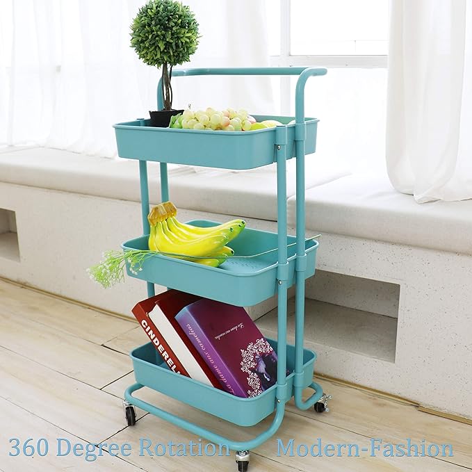 3 Tier Utility Rolling Cart Multifunction Organizer Shelf Storage Cart with 3 Piece Cups and 8 Piece Hooks for Home Kitchen Bathroom Laundry Room Office Store etc. (Blue)