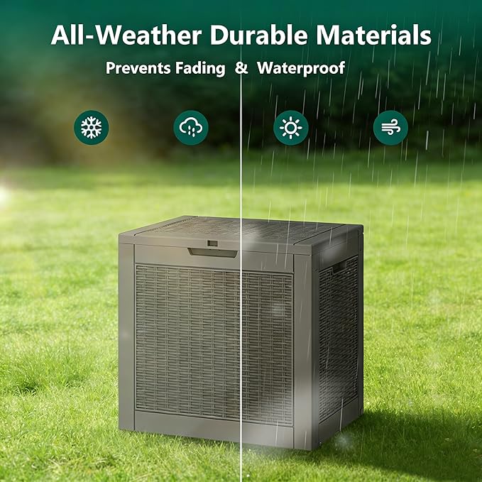 31 Gallon Outdoor Storage Box, Resin Deck Boxes Outdoor Waterproof For Patio Furniture, Garden Tools, Pool Supplies, Lockable And UV Resistant (Rattan Gray)