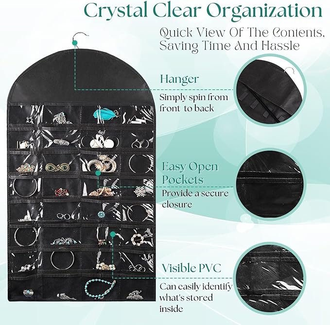 Flexzion Hanging Jewelry Organizer – (1 Pack) Black 32 Clear Pockets & 18 Hooks & Loops, Non-Woven Bag Dual Side Earring Storage Display Holder with for Necklace Bracelet Sunglasses