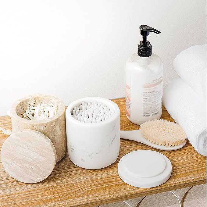 WORHE Marble Qtip Holder with Lid Natural Cotton Ball Container for Cotton Swabs,Makeup Sponges,Bath Salt Large Capacity Bathroom Canisters Jars for Countertop Storage and Organization White (WH051)