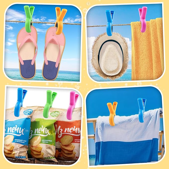 16 Pcs Beach Towel Clips for Beach Chairs, Towel Holder for Beach Chair Pool Chair on Cruise, Jumbo Size Heavy Duty Clothes Pins, Beach Chair Clips to Keep Your Towel from Blowing Away, 4 Colors