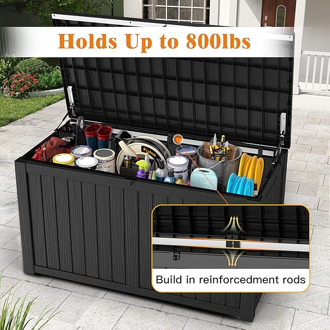 200 Gallon Outdoor Storage Box, Waterproof Deck Box with Handles and Lockable Lid, Resin Patio Storage Box with Hydraulic Rods for Garden Tools, Cushions, Black