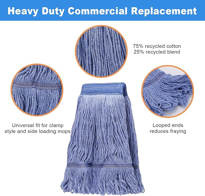 2 Pack Mop Head Replacement, Cleaning Heavy Duty Mop Head Commercial Replacement, Wet Industrial Blue Cotton Looped End String Head Refills, Heavy Mop Replace Head, for General and Floor Cleaning