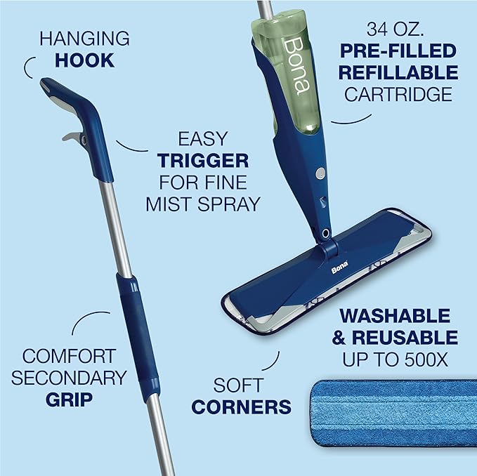 Bona Premium Motion Multi-Surface Floor Spray Mop - Includes Multi-Surface Floor Cleaning Solution and Machine Washable Microfiber Cleaning Pad - for Stone, Tile, Laminate, and Vinyl Floors