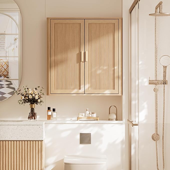 Bathroom Storage Cabinet, Over The Toilet Storage Cabinet, Medicine Cabinet with Adjustable Wood Shelf & Doors for Laundry Room & Kitchen & Living Room (Natural Oak)