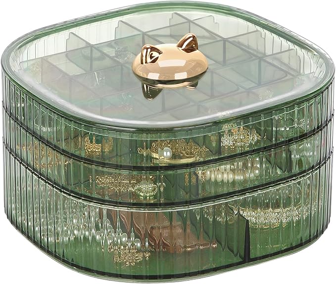 LETURE 3-Layer Acrylic Jewelry Organizer Box for Stud Earrings, Rings, Necklaces, Bracelets, Claw Clip Organizer, Small Bead Storage Containers for Crafts (Green Style2)