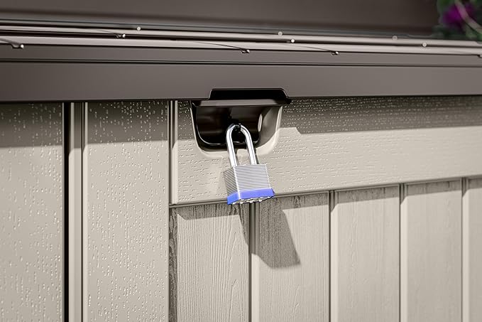 Suncast 5.9 ft. x 3.7 ft Horizontal Stow-Away Storage Shed - Natural Wood-Like Outdoor Storage for Trash Cans and Yard Tools - All-Weather Resin, Hinged Lid, Reinforced Floor - Made in The USA