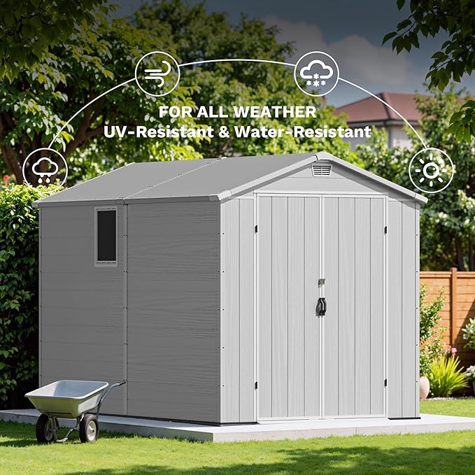 Devoko 6x10 FT Plastic Outdoor Storage Shed with Floor, Resin Garden Shed with Lockable Door and Window, Waterproof Outside Tool Storage Shed for Patio, Garden, Backyard, Light Gray