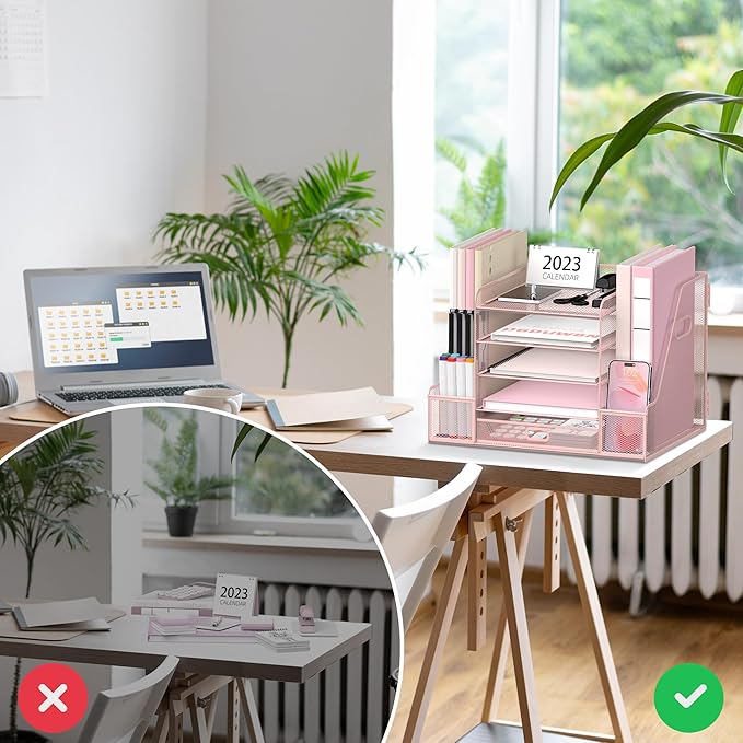 SUPEASY Mesh Desk Organizer with File Holder, 5-Tier Paper Letter Tray Organizer with Magazine Holder, Desktop Organizer and Storage with Drawer for Office Supplies Home or School (Pink)