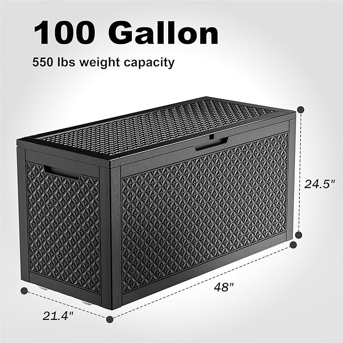 New 100 Gallon Outdoor Storage Box, Resin Deck Boxes Waterproof, Indoor Outdoor Bin for Package Delivery, Patio Cushions, Gardening Tools, Lockable, UV Resistant