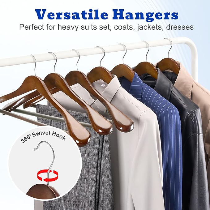 HOUSE DAY Wood Suit Hangers for Men, Smooth Wide Shoulder Wooden Hanger with Non Slip Pant Holder, Wide Hangers for Suits, Coats, Jackets, Heavy Wide Clothes Hanger 2 Pack, Walnut