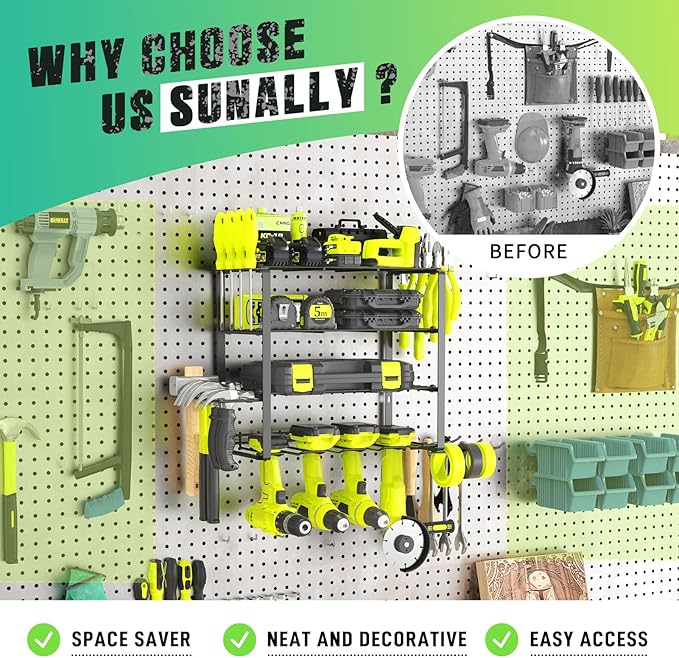 Power Tool Organizer, 4 Drill Holder Wall Mount, Garage Tool Organizer and Storage with Screwdriver Holder, Garage Organization, 4 Layer Cordless Drill Holder with Hammer Holder