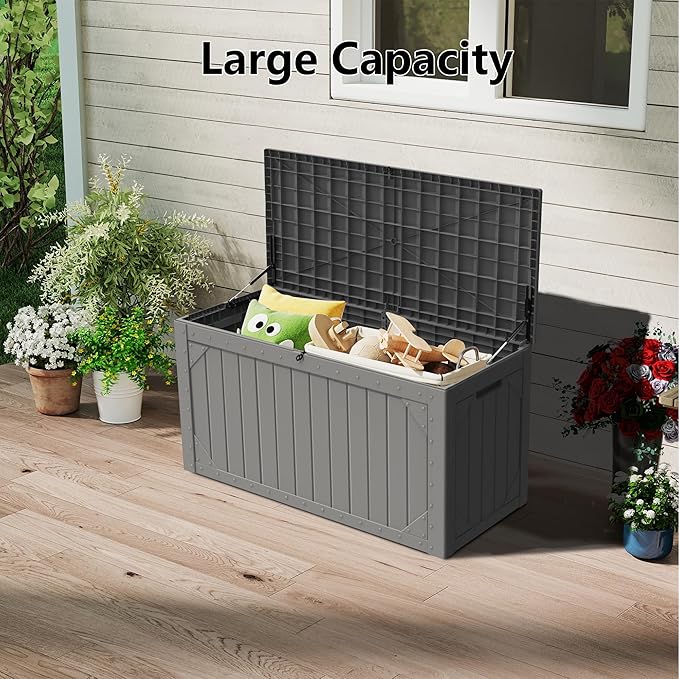 Outdoor Storage Box Waterproof, 100 Gallon Lockable Resin Deck Box Patio Storage Bin for Pool Accessories Cushion Furniture, Garden Tools, UV-Resistant Outside Delivery, Grey