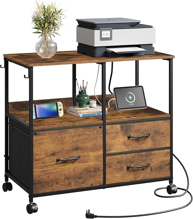 DEVAISE 3 Drawer Mobile File Cabinet, Rolling Printer Stand with Storage Shelf, Fabric Lateral Filing Cabinet fits A4 or Letter Size, Adjustable Shelf for Home Office, Rustic Brown