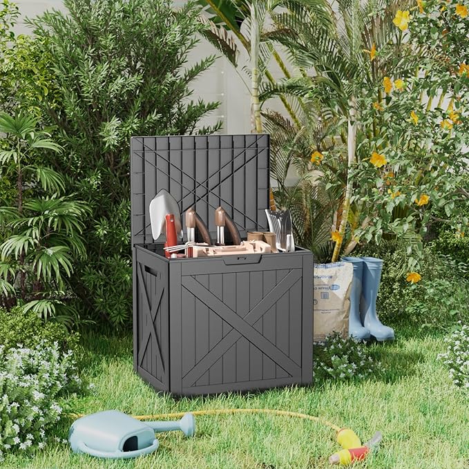 DRATO 32 Gallon Deck Box X pattern, Outdoor Storage Box for Patio Cushion, Garden Tools,Waterproof Patio Storage box, Lockable（Black，32 Gallon）