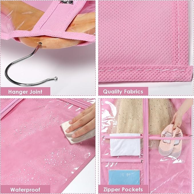 Univivi Dance Costume Bags Garment Bag 40 Inch Hanging Clothes for Dance Competitions, with 3 Medium Clear Zipper Pockets for Dance Costumes, Closet Storage (Pink, 2 Pack)
