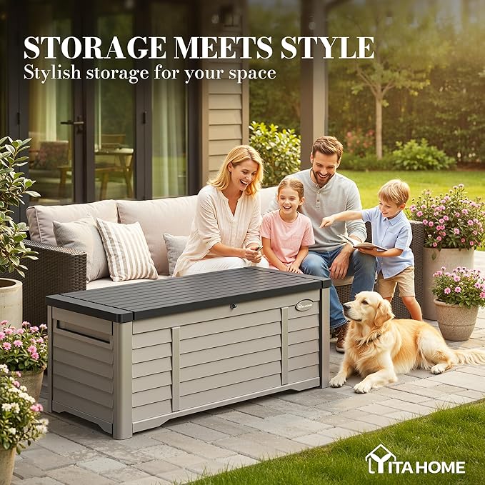 YITAHOME 150 Gallon Large Outdoor Storage Deck Box, Waterproof Cushion Storage Bench with Lockable Lid for Patio, Pool Supplies, Garden Tools, Resin, Black & Brown