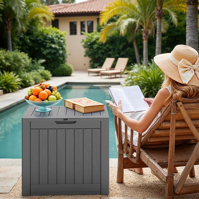 Greesum 40 Gallon Outdoor Deck Box with Lock, Resin Storage Chest for Patio Furniture Cushions, Garden Tools, Pool Toys, Waterproof & UV Resistant, Large Capacity, Gray