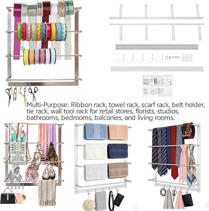 Wall-Mount Display Rack with 5 Hooks, Organizer Ribbon Holder Spool Roll Scarf &Tie Towel Storage Rack Sewing Craft Wrapping Paper Holder for Craft Room Retail Store Florist Home Bedroom