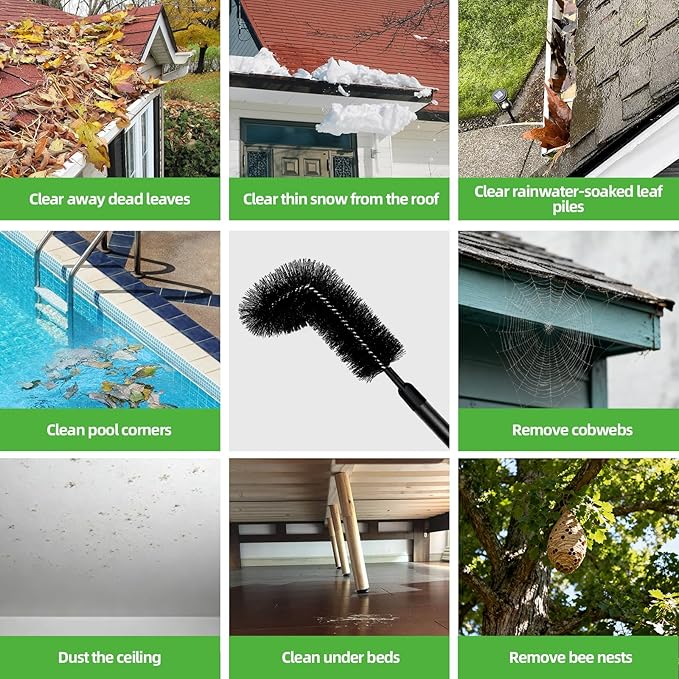 13FT Gutter Cleaner Tools, Long-Reach Rain Gutter Cleaning Brush, Removes Leaf Debris from Roof Gutters Without a Ladder, Leaf Cleaning Kit with 2 Brushes and Storage Bag, Black