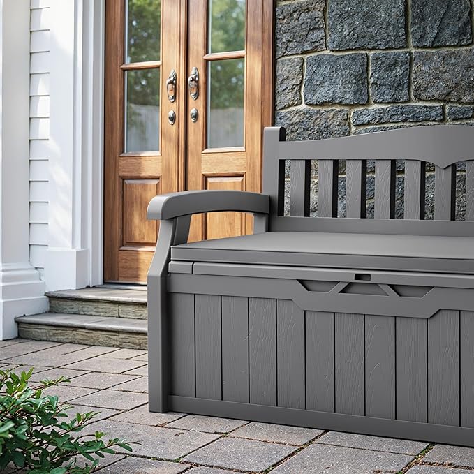 Devoko 80 Gallon Storage Bench with Cushion, Lockable Deck Box for Patio Furniture, Garden Decor and Outdoor Seating for Cushions, Garden Tools and Pool Supplies (Grey, 80 Gallon with Cushion)