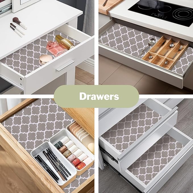 Drawer and Shelf Liner for Kitchen Cabinet: 17 in X 30 Ft Non Slip Waterproof Shelf Paper Non Adhesive Refrigerator Liners Gray Quatrefoil Easy Liners for Bathroom Cupboard with Knife Tape Measure
