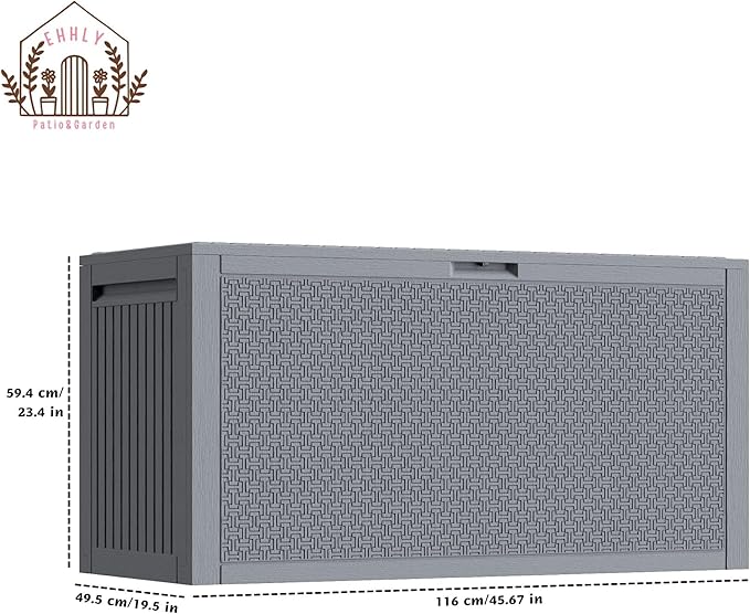 EHHLY 90 Gallon Outdoor Storage Box, Lockable Package Outside Storage Box Waterproof, Patio Cushions Deck Storage Boxes, Rattan Plastic Garden Hose Containers Resin Pool Storage Bins with lids, Grey
