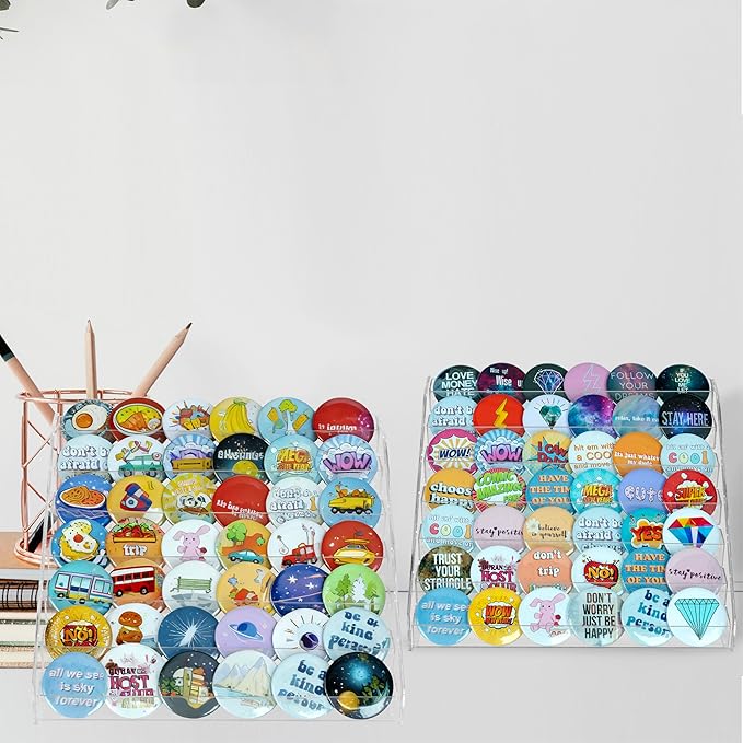PACMAXI 7-Layer Transparent Acrylic Button Pins Display Case, Large Capacity Storage Organizer for 35-60 Badges, Portable and Durable Display Box (2 Pack 7-Layers)