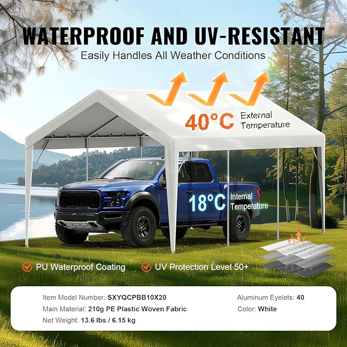 VEVOR Carport Replacement Canopy Cover, 10 x 20 ft, Ripstop Triple-Layer PE Fabric Garage Top Tarp Shelter Cover, UV Resistant Waterproof Car Cover Tent for Carports (Frame is not Included), White