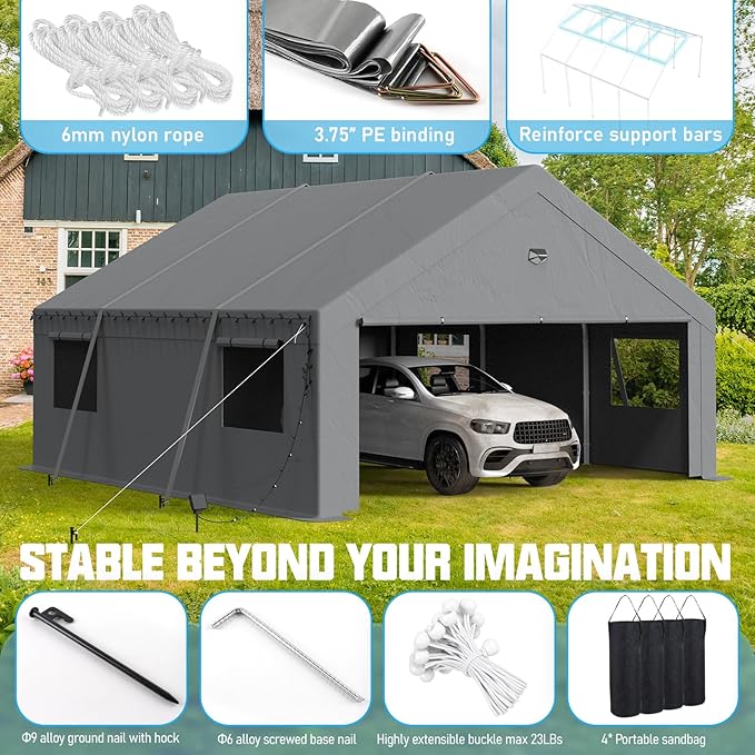 Carports Canopy 20x20 Heavy Duty, Portable Car Port Garage with Roll Up Drive Through Doors, Grey