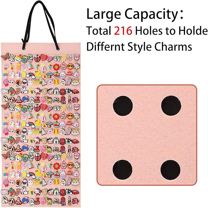 JUXYES Shoe Charms Organizer Wall Hanging Charm Collection Holder with 216 Holes, Portable Decorative Croc Shoe Charms Display Hanging Decoration Croc Charm Collection Storage Organizer