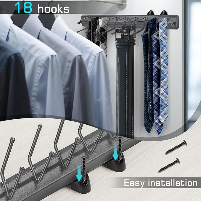 Sliding Tie Racks, 18 Tie Hanger Pull Out Belt Rack 16.5'' Aluminum Alloy Extendable Wardrobe Closet Organizer with 18 Hooks for Belts, Ties, and Scarves, 16.5'' x 3.15''(Sprayed Grey)