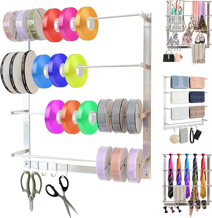 Wall-Mount Display Rack with 5 Hooks, Organizer Ribbon Holder Spool Roll Scarf &Tie Towel Storage Rack Sewing Craft Wrapping Paper Holder for Craft Room Retail Store Florist Home Bedroom