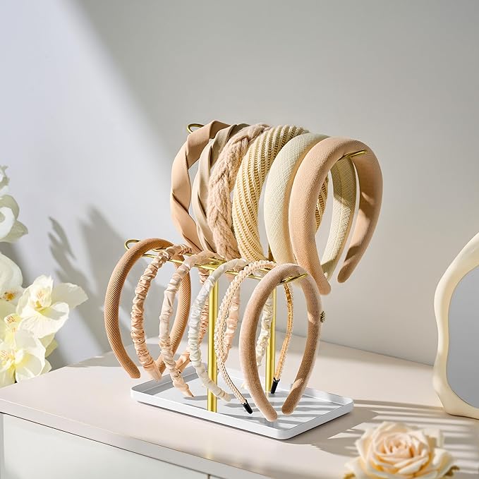 Headband Holder Organizer for Hair Accessories: Headband Storage Vanity Hair Clip Organizer, Two-Tier Stand with Storage Tray for Girls Women, Jewelry Necklace Rack for Vanity, Bathroom, Gold
