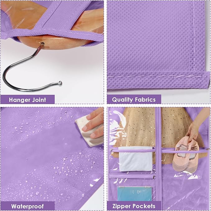 Univivi Kids Garment Bags for Dance Costumes With Full Zipper, Garment Bags for Hanging Clothes With 3 Medium Clear Zipper Pockets for Dance Costume Storage (Purple) - 8 Pack