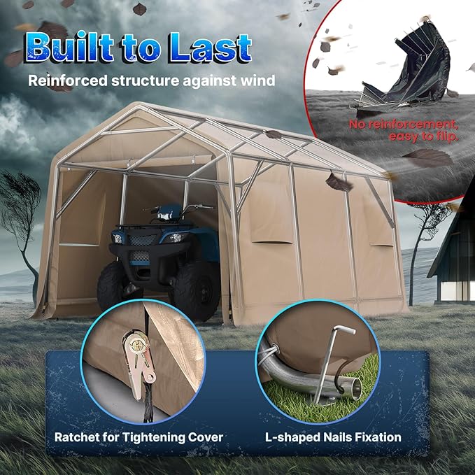 ADVANCE OUTDOOR 10x15 ft Shelter Storage Shed Steel Metal Peak Roof Portable Garage Carports for Motorcycle, Boat or Garden Tools with 2 Roll up Doors & Vents, Beige
