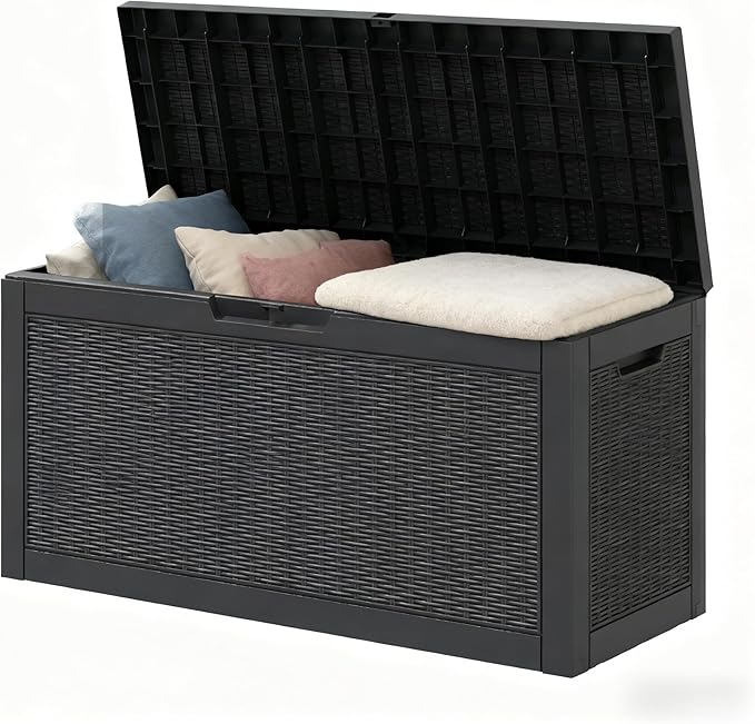 60 Gallon Outdoor Storage Box, Resin Deck Boxes Outdoor Waterproof For Patio Furniture, Garden Tools, Pool Supplies, Lockable And UV Resistant (Rattan Black)