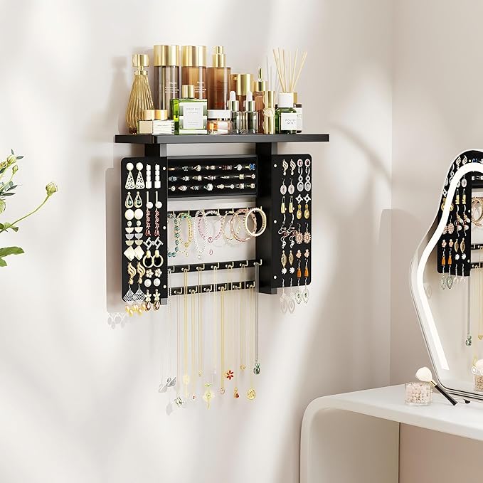 Emfogo Jewelry Organizer Hanging Wall Mounted Jewelry Holder, 5-in-1 Large Capacity Necklace Organizer Wall Display for Ring, Necklaces, Bracelets, Earrings(Black)